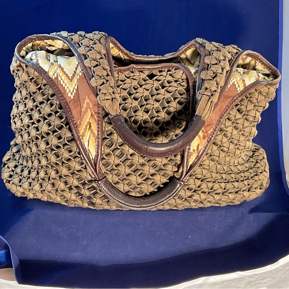 Banana Republic Woven Textile Safari Tote Bag Leather Handles Festival Boho - Picture 14 of 15